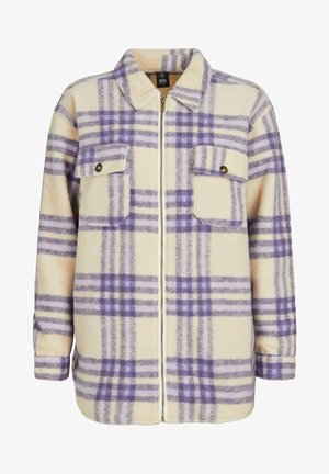 Fleece geruiten jas in crème en paars, met een ritssluiting, twee voorzakken met knopen en een kraagontwerp.