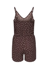 Combinaison courte sans manches marron foncé avec bretelles réglables et pois blancs irréguliers, avec un col en V et une taille élastique.