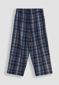 Navy sinisen ruudulliset housut rentoa leikkausta, joissa on kiristysnauha vyötäröllä ja eri väreissä vaaleansininen ja valkoinen raitakuosi.