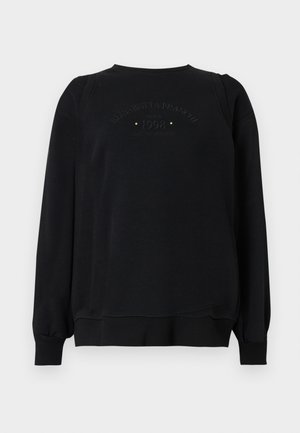 Hanorac negru cu mâneci lungi, cu manșete și tiv striate, având pe spate textul în relief „Elisabetta Franchi since 1998 Limited Edition”.