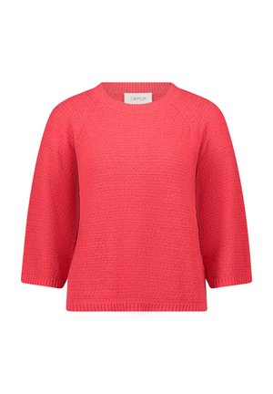 Korallfarbener, gestrickter Pullover mit Dreiviertelärmeln, rundem Ausschnitt, strukturierter Stoff und geripptem Saum.