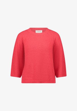 Korallfarbener, gestrickter Pullover mit Dreiviertelärmeln, rundem Ausschnitt, strukturierter Stoff und geripptem Saum.