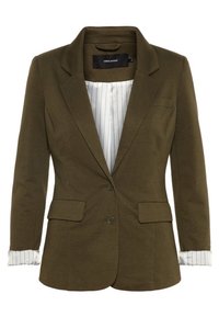 Olivgrön kavaj med enkelkragsdesign, snodd slag, framfickor och randiga tygaccentuer på ärmar och foder.