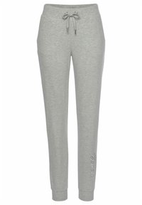 Gray sweatpants with a drawstring waist, elastic cuffs, and embroidered logo detail on the left leg. Made of soft, textured fabric.