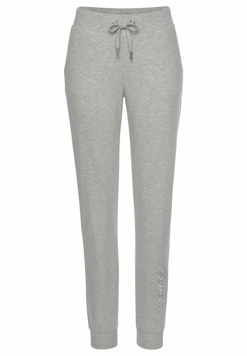 Gray sweatpants with a drawstring waist, elastic cuffs, and embroidered logo detail on the left leg. Made of soft, textured fabric.