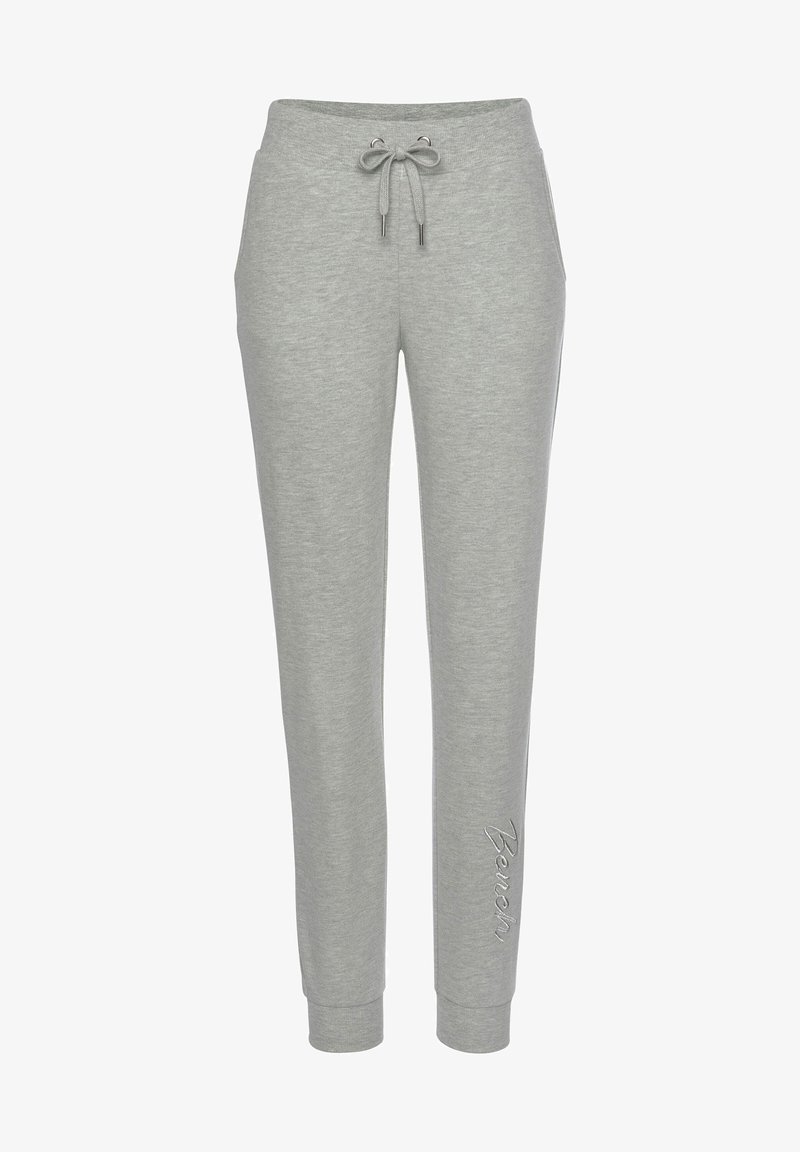 Gray sweatpants with a drawstring waist, elastic cuffs, and embroidered logo detail on the left leg. Made of soft, textured fabric.