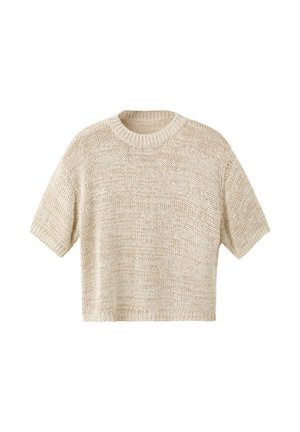 Pull beige à manches courtes en tricot avec un col rond et un bas et des poignets côtelés, présenté sur fond blanc.