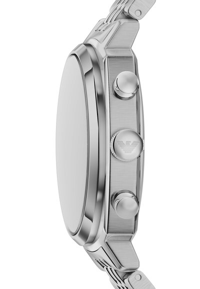 Silberne Armbanduhr aus Metall, Seitenansicht, zeigt zwei Drücker und eine Krone mit dem Emporio Armani Adler-Logo auf der Krone.