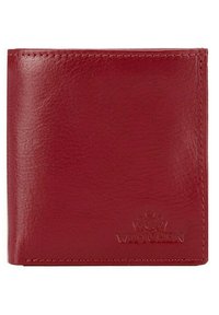 Rote Leder Geldbörse mit glatter Textur, gefaltetem Design und eingeprägtem Logo. Verfügt über eine saubere Naht und hat eine rechteckige Form.