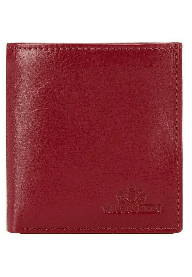 Rote Leder Geldbörse mit glatter Textur, gefaltetem Design und eingeprägtem Logo. Verfügt über eine saubere Naht und hat eine rechteckige Form.