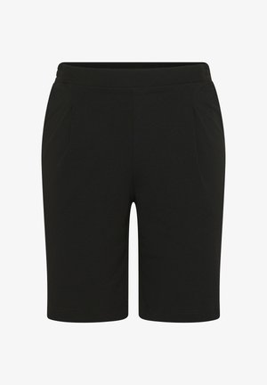 Shorts noirs à mi-cuisse avec ceinture élastique et poches latérales, en tissu lisse.