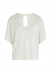 Top corto de manga corta en verde claro con escote en V y detalle cortado en la parte trasera. Hecho de una tela suave y brillante con un ajuste relajado.