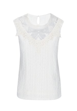 Witte mouwloze kanten blouse met bloemenborduursel en een knoopsluiting met sleutelgat aan de achterkant van de halslijn.