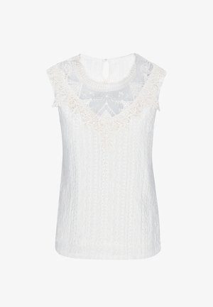 Witte mouwloze kanten blouse met bloemenborduursel en een knoopsluiting met sleutelgat aan de achterkant van de halslijn.