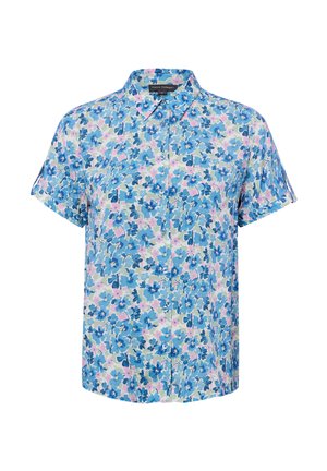 Blouse à manches courtes boutonnée avec motif floral bleu, rose et vert et col pointu.