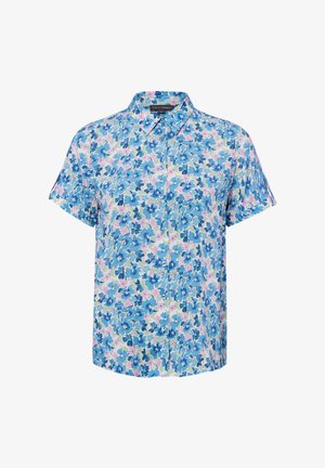 Blouse à manches courtes boutonnée avec motif floral bleu, rose et vert et col pointu.