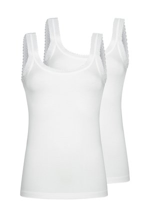 Zwei weiße ärmellose Damen-Tanktops mit Spitzenbesatz an Trägern und Ausschnitt, vor weißem Hintergrund dargestellt.
