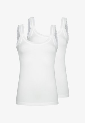 Zwei weiße ärmellose Damen-Tanktops mit Spitzenbesatz an Trägern und Ausschnitt, vor weißem Hintergrund dargestellt.