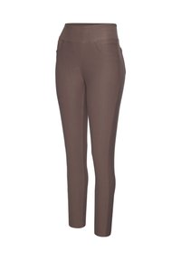 Brown slim-fit women's pants with front pockets and a high waistband, made from stretch fabric.