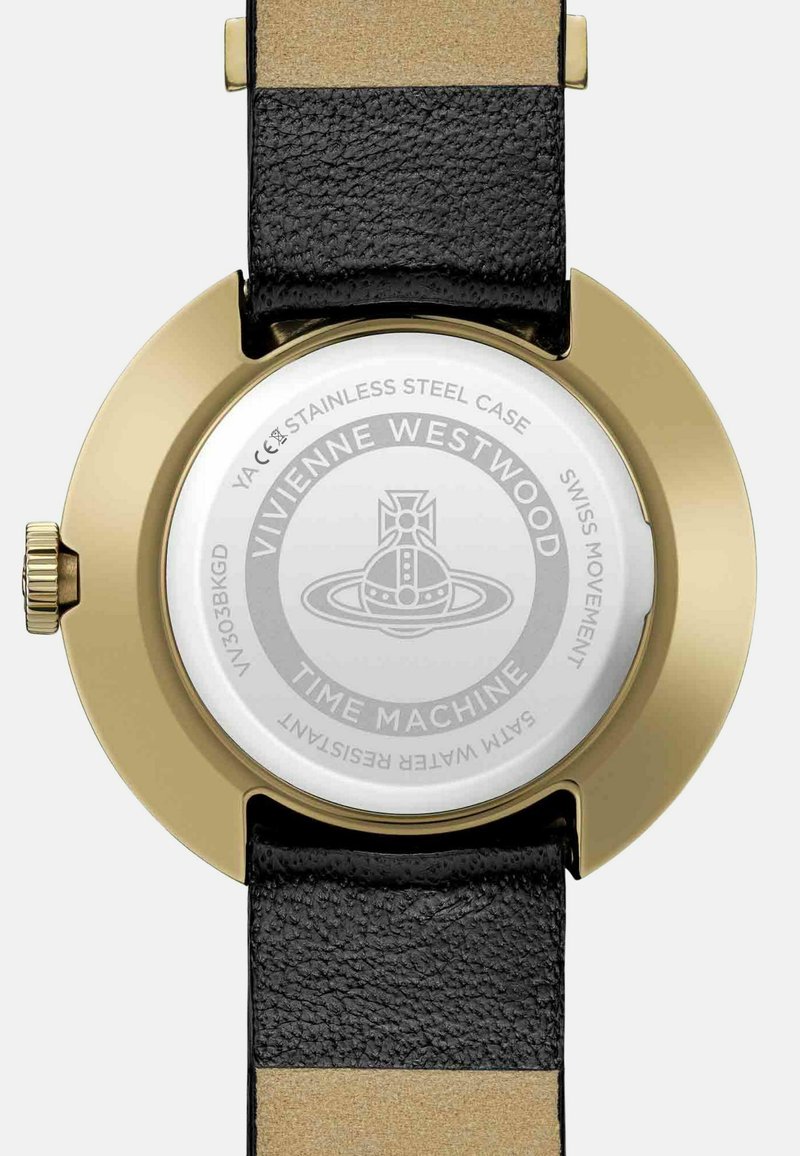 Gold-toned stainless steel watch case with a black leather band. Back features a silver engraved logo and water-resistant details.
