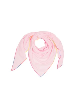 Light pink scarf made of soft, textured material, featuring colorful edges in orange, blue, and pink, with a triangular shape and flowing design.