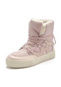 Rosafarbene, isolierte Knöchelstiefel mit einer glatten, synthetischen Oberseite, gefälschten Fellfutter, strukturierten Gummisohlen und Schnürdesign für eine angepasste Passform.