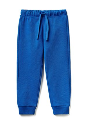 Pantalon de jogging en polaire bleu avec ceinture élastique et cordon, poignets côtelés aux chevilles, étendu à plat sur fond blanc.