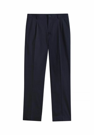 Pantalon formel pour homme bleu marine avec bouton et fermeture éclair à l'avant, poches latérales et passants pour ceinture, présenté à plat sur fond blanc.