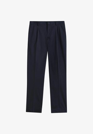 Herreformelle bukser i marineblå med knap og lynlås foran, sidelommer og bæltestropper, vist fladt på hvid baggrund.