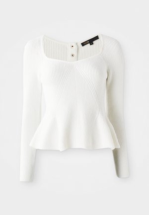 Weißes, geripptes Langarmtop mit einem Peplum-Saum, quadratischem Ausschnitt und zwei metallischen Knöpfen in der Mitte, aus strukturiertem Stoff.