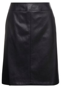 Musta nahkahame, jossa on istuva vyötärö, suora siluetti ja hillityt ompeluaukotomaiset yksityiskohdat. Sileä pinta.