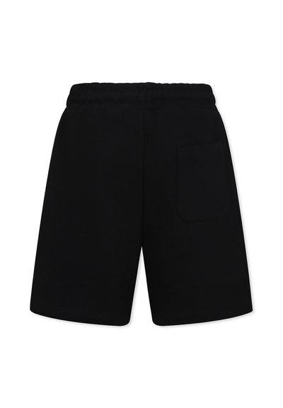 Pantaloni corti neri in cotone con vita elastica, caratterizzati da una singola tasca posteriore e un taglio dritto. Texture liscia, design minimale.