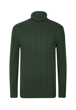 Suéter de cuello alto de color verde oscuro, hecho de material de punto con patrones de trenzado; presenta un dobladillo y puños acanalados, mangas largas y un cuello ajustado.