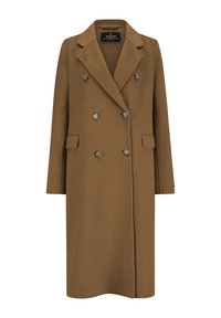 Brauner Wollmischung-Doppeltknopfmantel mit Reverskragen, sechs Knöpfen, Seitentaschen und einer taillierten Silhouette in mittellanger Länge.