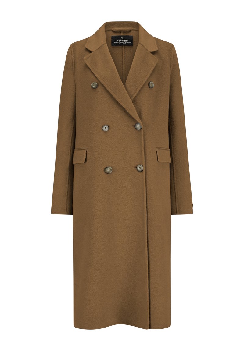 Brauner Wollmischung-Doppeltknopfmantel mit Reverskragen, sechs Knöpfen, Seitentaschen und einer taillierten Silhouette in mittellanger Länge.