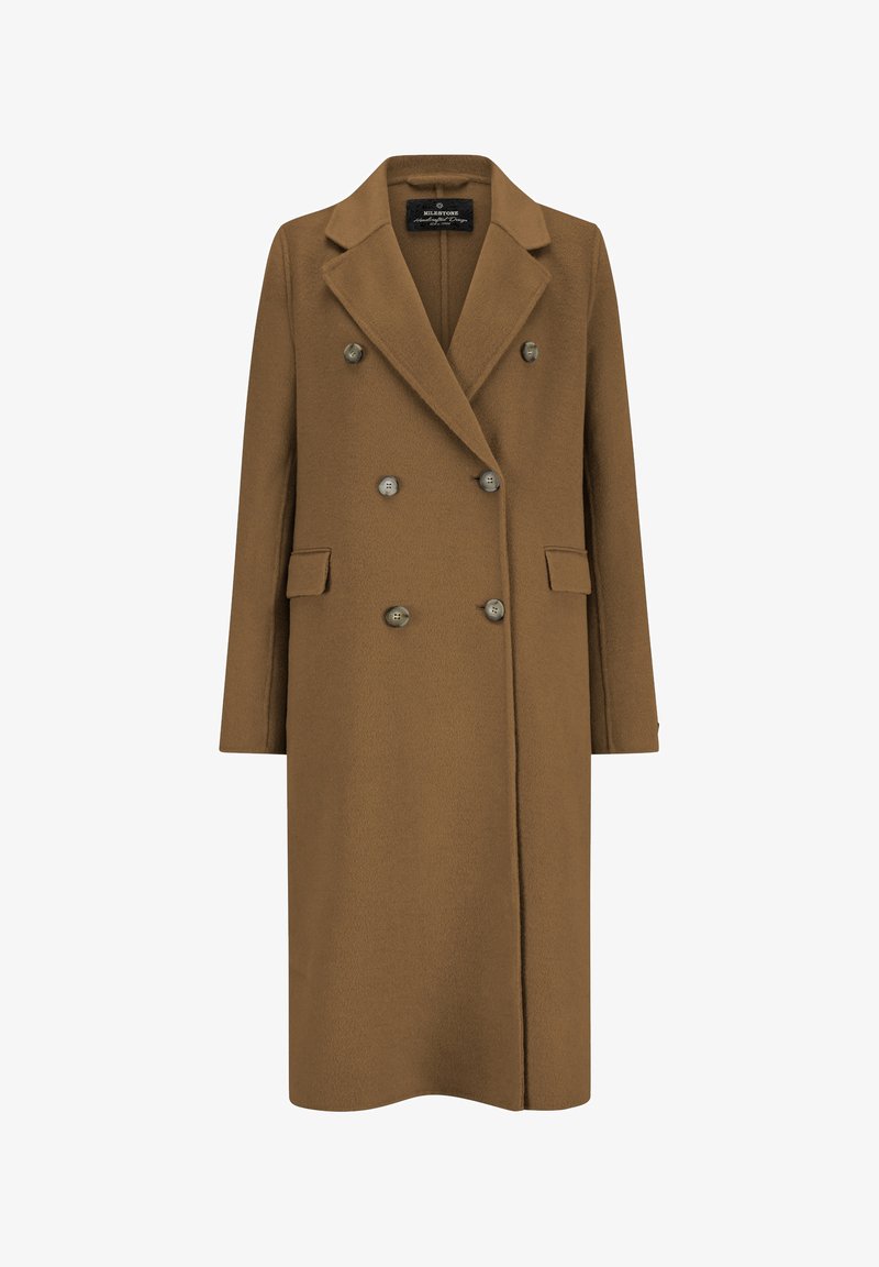 Brauner Wollmischung-Doppeltknopfmantel mit Reverskragen, sechs Knöpfen, Seitentaschen und einer taillierten Silhouette in mittellanger Länge.