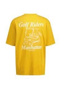 Yellow cotton T-shirt featuring a white graphic of a golf cart with text "Golf Riders Manhattan, MEMBERS ONLY" on the back.