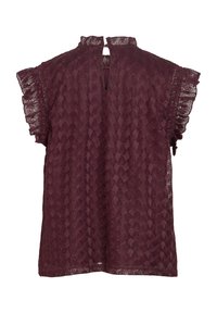 Blouse en dentelle violet foncé avec manches courtes à volants, col montant et fermeture au dos avec ouverture en trou de serrure.