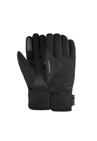 Gants noirs en matériau doux, dotés d'accents texturés, d'un ajustement serré et d'une sangle Velcro pour une fermeture sécurisée. Éléments de design réfléchissants présents.