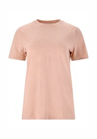 Helles rosa T-Shirt mit kurzen Ärmeln, rundem Ausschnitt und weicher Textur. Verfügt über ein einfaches, ungeschmücktes Design ohne Muster oder Akzente.