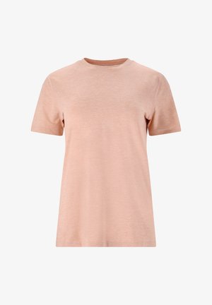 Lys pink kortærmet t-shirt med rund halsudskæring og blød tekstur. Har et enkelt, udekoreret design uden mønstre eller accenter.
