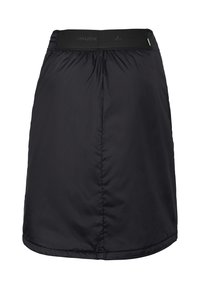 Black insulated skirt with an elastic waistband, designed with a smooth texture and subtle sheen, featuring simple stitching and a curved hem.