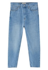 Jeans de mezclilla azul claro con un diseño de pierna recta, cinco bolsillos y un ligero desgaste, con un lazo para cinturón y cierre de botón.