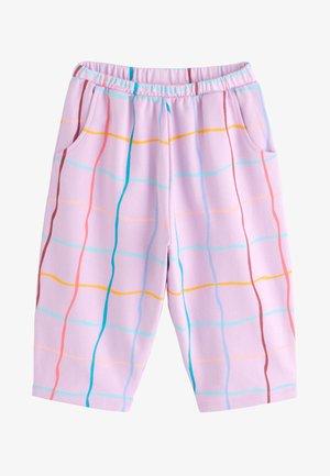 Pantaloncini lavanda fino al ginocchio con cintura elastica, tasche laterali e motivo a righe ondulate verticali e orizzontali multicolori.