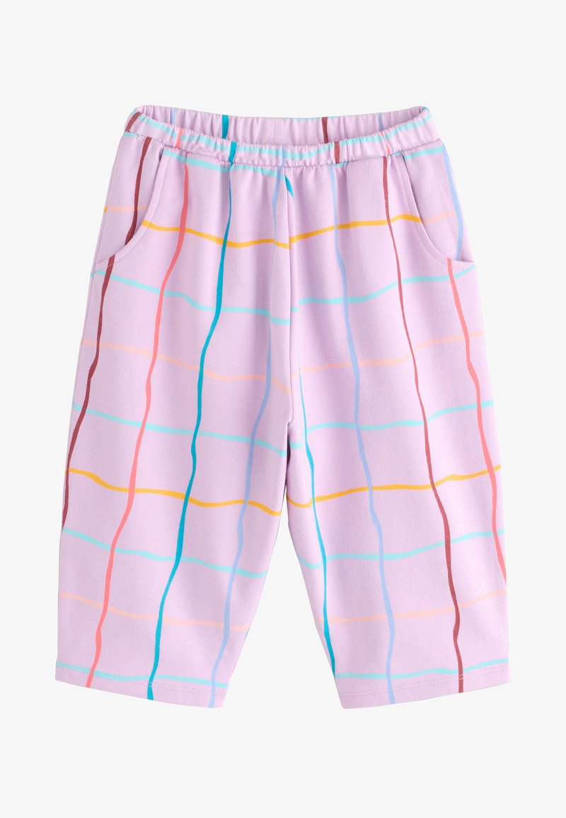 Pantaloncini lavanda fino al ginocchio con cintura elastica, tasche laterali e motivo a righe ondulate verticali e orizzontali multicolori.