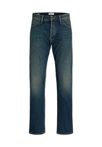 Denim jeans met een gemiddeld blauwe wassing, rechte pijpen, een klassiek vijf-pocket ontwerp en lichte vervaging op de dijen voor textuur.