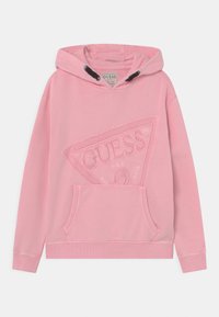Różowa bluza z kapturem z przednią kieszenią, z teksturowanym trójkątnym logo i regulowanymi sznurkami. Miękka tkanina, luźny krój.