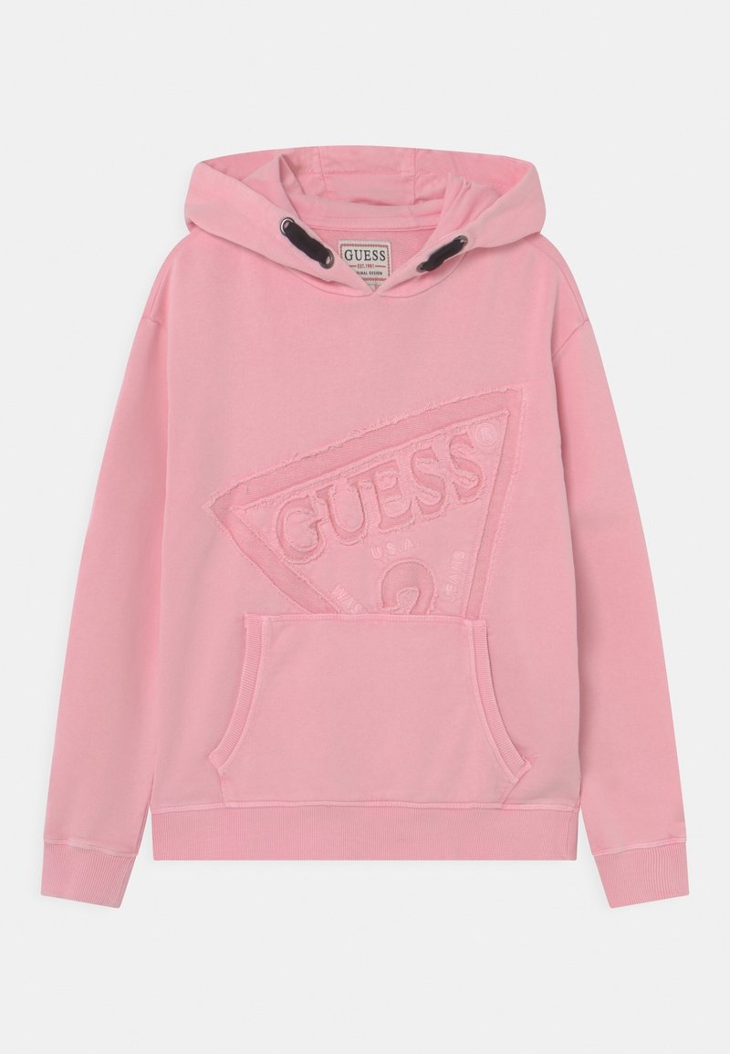 Różowa bluza z kapturem z przednią kieszenią, z teksturowanym trójkątnym logo i regulowanymi sznurkami. Miękka tkanina, luźny krój.