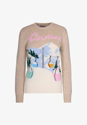 Maglione beige lavorato a maglia con un design grafico di montagne, alberi e funivie colorate con riflessi di luce. Collo rotondo e maniche lunghe.