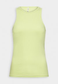 Top senza maniche a coste di un delicato giallo pallido, con scollatura rotonda e silhouette aderente.